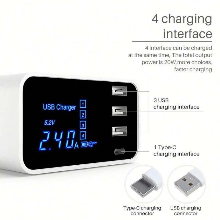 Multi-Port USB QC 3.0 Charger Station LED Display Type C Fast Charging UK Adapter
