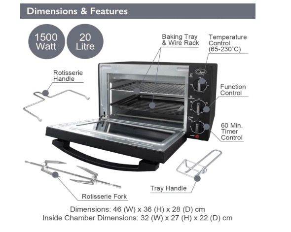 Quest 35399 20L Mini Countertop Oven 1500W Oven,Grill,Rotisserie Energy Class A