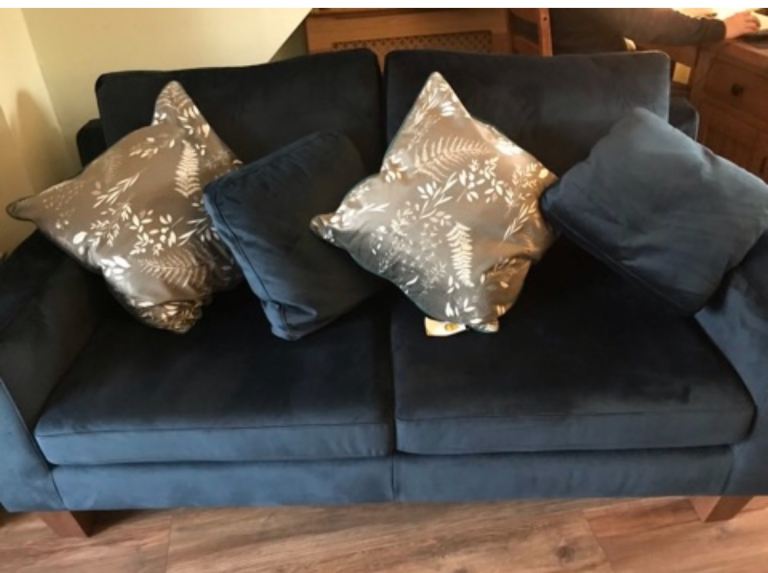 2 seater navy blue plush velvet sofa 