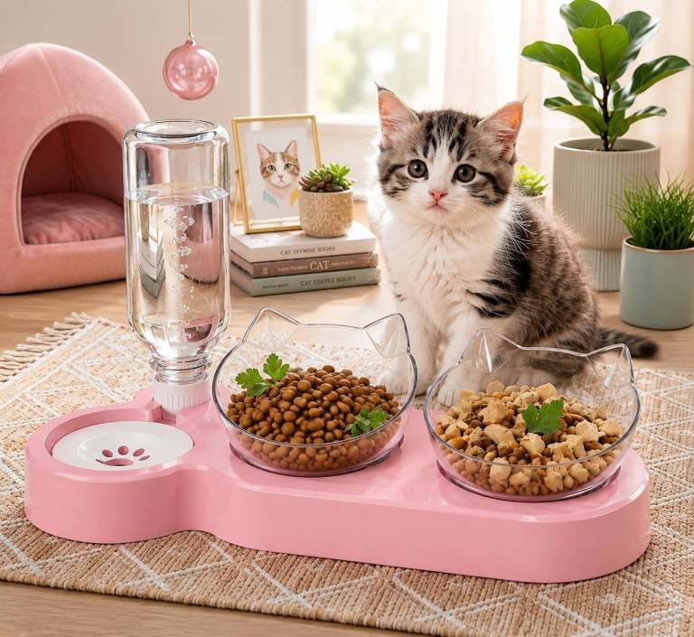 3-in-1 Pet Food & Water Feeding Station | Automatic Gravity Water Dispenser with Double Bowls 