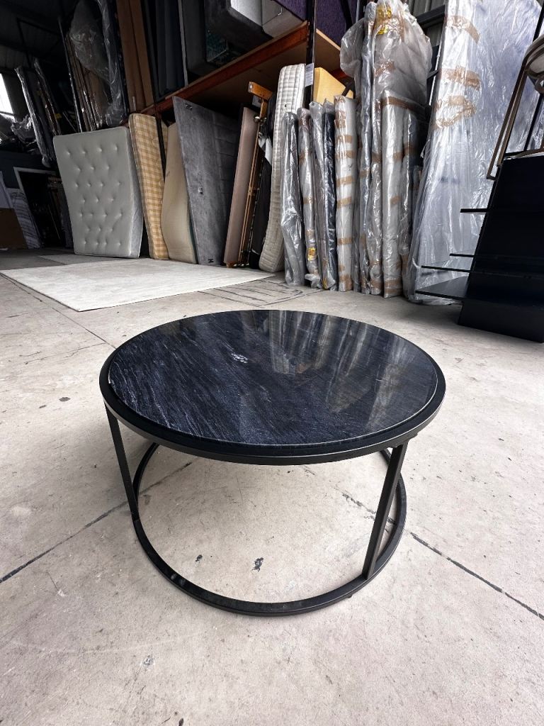 Round Black Coffee Table with Marble Effect Top