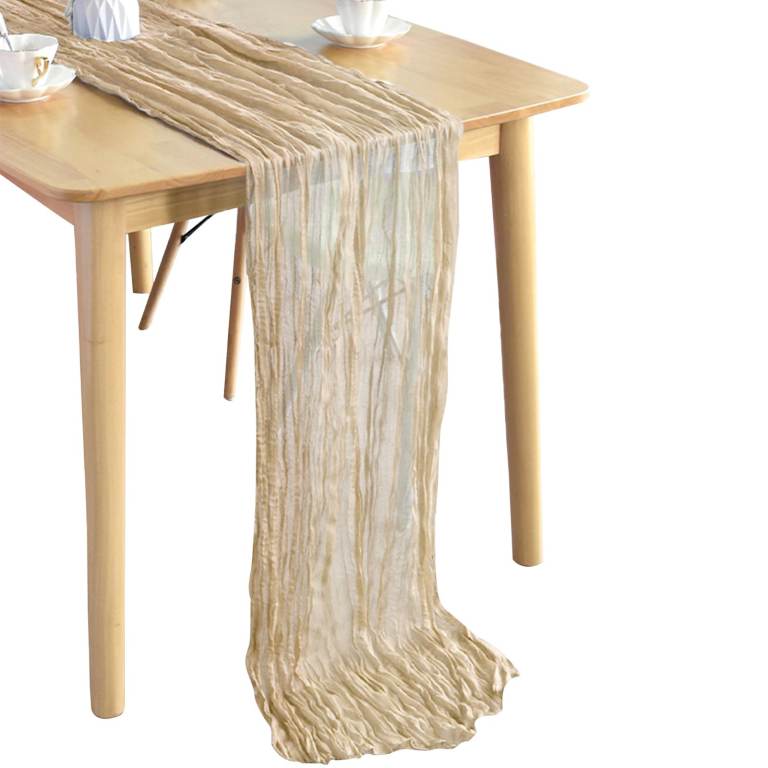 Beige Cheesecloth Table Runner Polyester Gauze Crinkle Fabric, Rustic Sheer Dining Table Decor