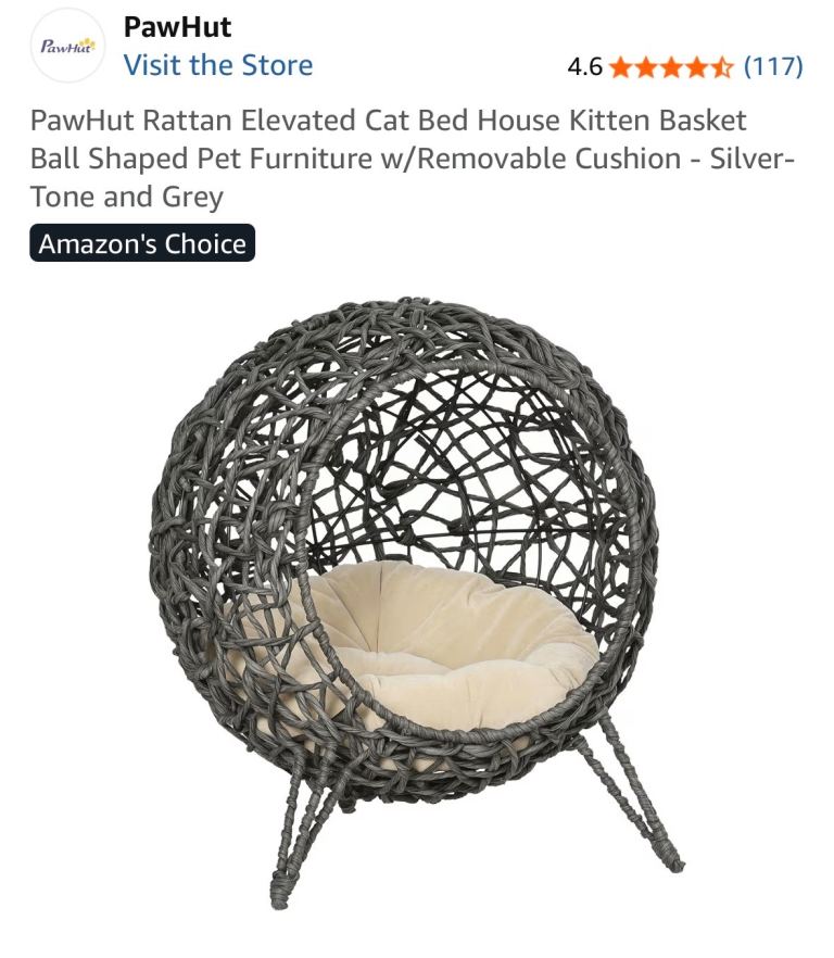 PawHut Rattan Elevated Cat Bed House - Grey