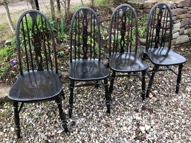 4 Black Painted Spindle Back Chairs for Upcycling, good condition