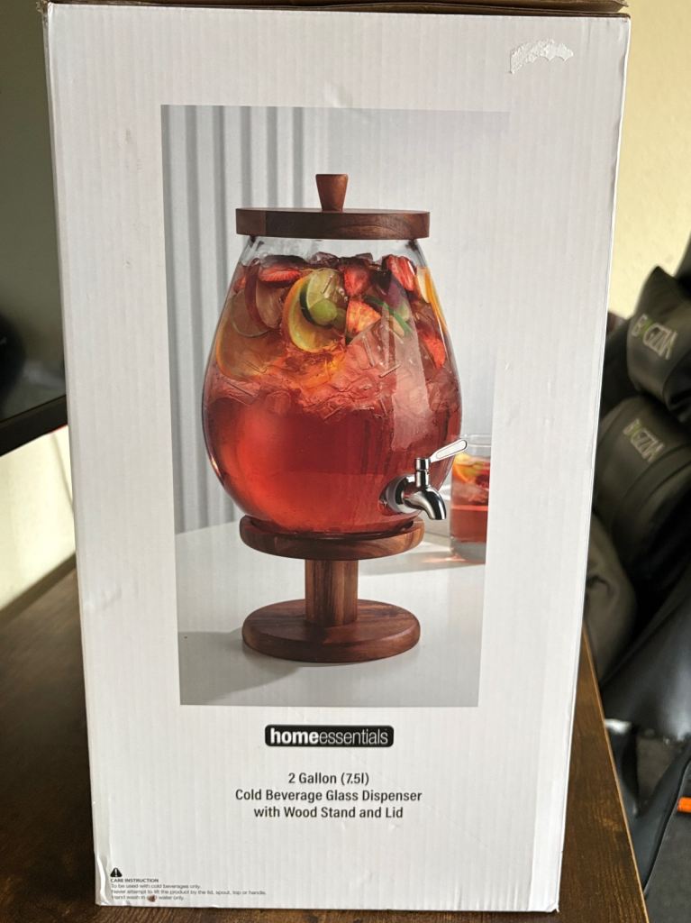 Homeessentials 2 Gallon Cold Beverage Glass Dispenser with Wood Stand