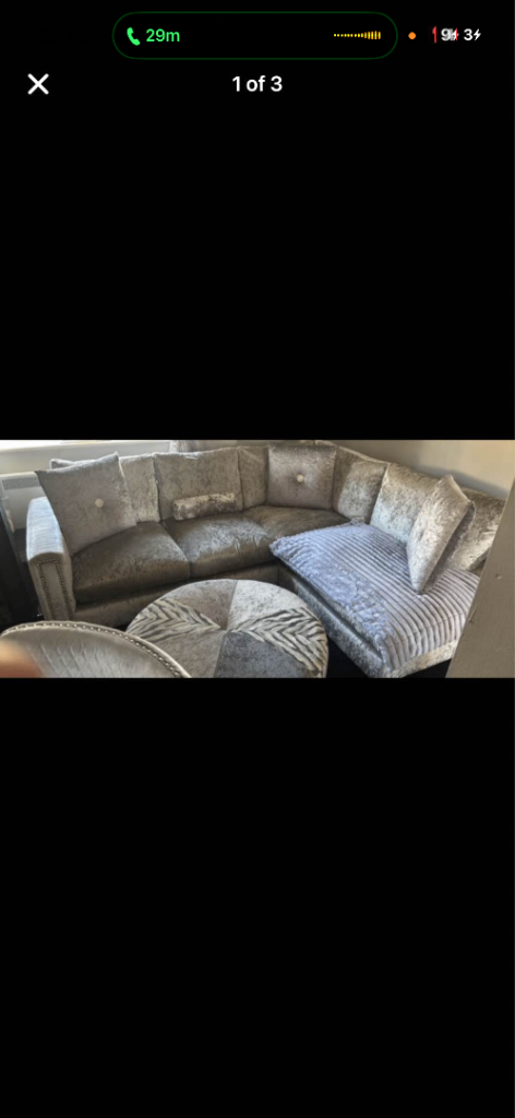 £300 silver crushed velvet DFS corner sofa & foot stool collection Basildon no holding 