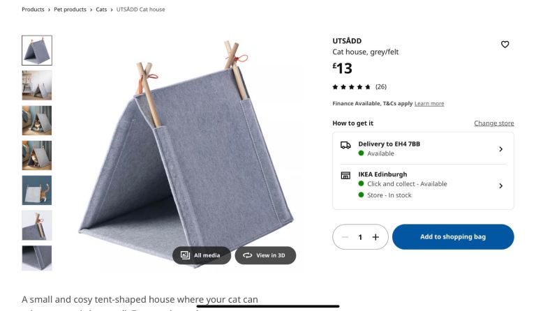 IKEA Utsadd cat house and L shaped layered cardboard cat scratching post