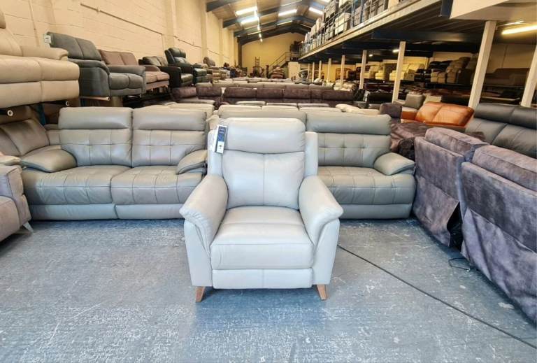 New La-z-boy Kenzie light grey leather electric armchair