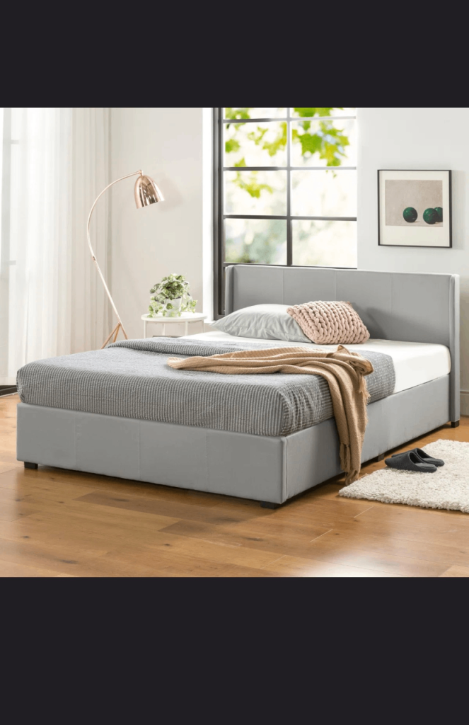 Grey upholstered Estella King size bed frame with Headboard, ottoman storage & mattress