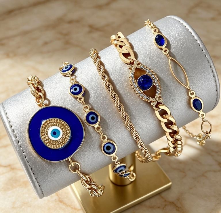 Set of 5 Gold Tone Bracelets with Blue Evil Eye Charms