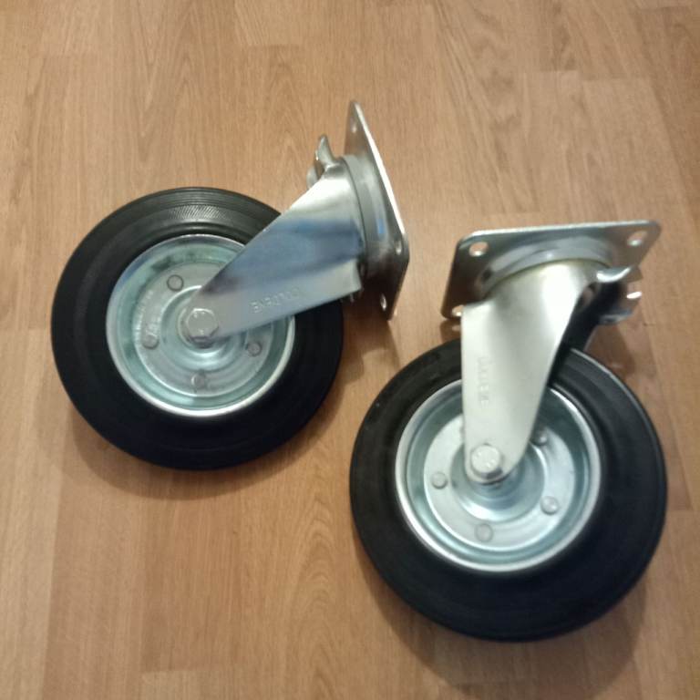 Pair of Heavy Duty 200mm Swivel Castors with Rubber Tyres & Top Fixing. 