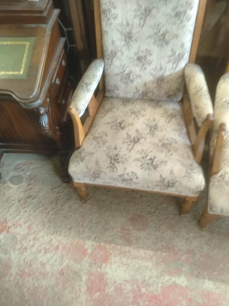 Pair of Vintage Wooden Armchairs with Floral Upholstery