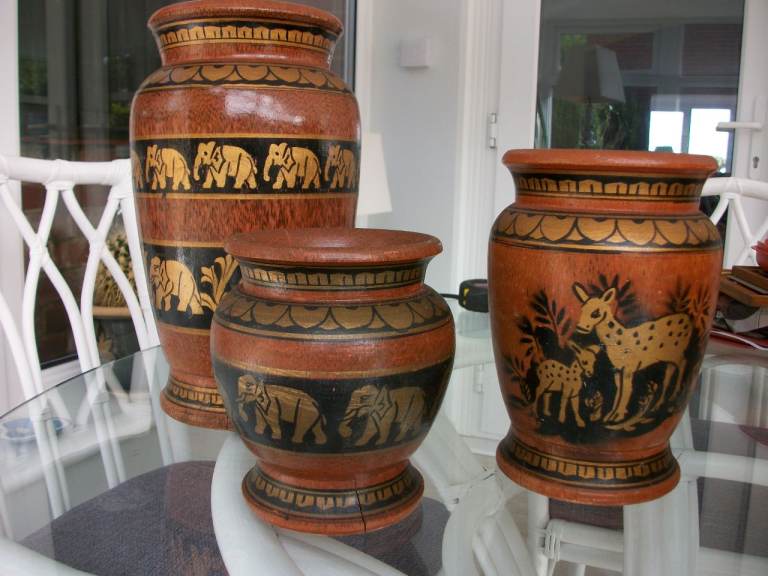 Set of 3 Sri Lankan Painted Wooden Vases - Elephant & Deer Design