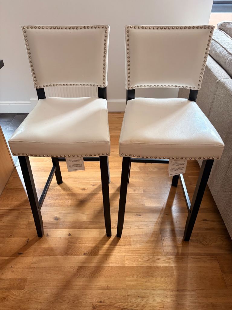 Pair of Cream Faux Leather Bar Stools with Stud Detail