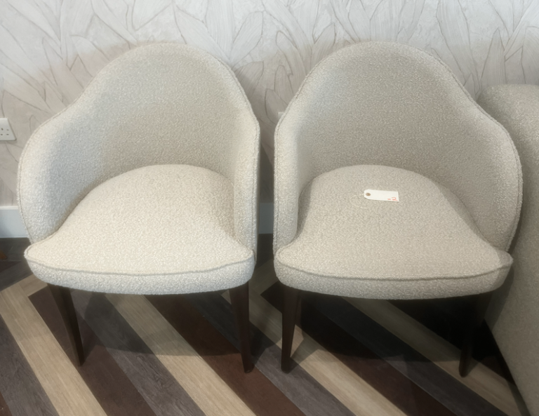 NEW EX DISPLAY, BESPOKE MADE, CREAM BOUCLE DINING CHAIRS, X2 IN STOCK