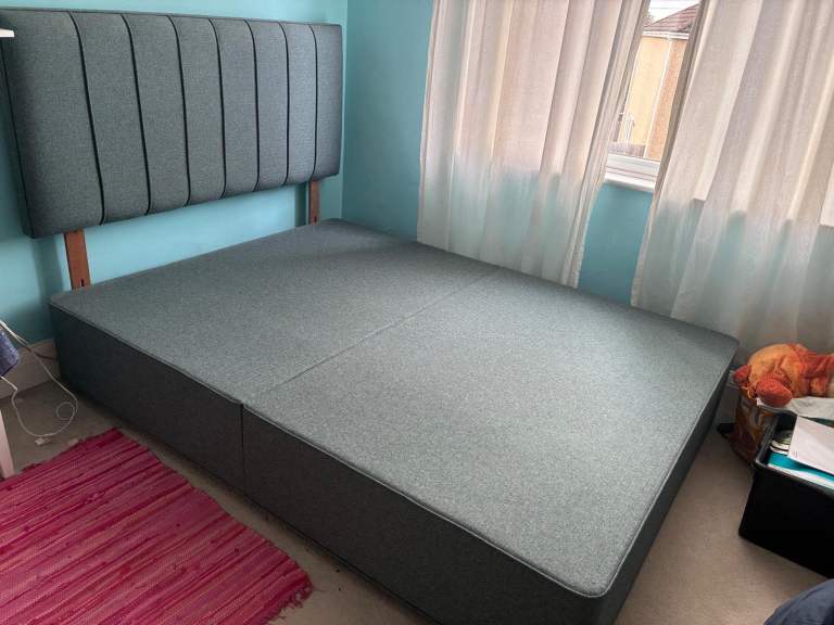 New condition Hypnos Kingsize Divan Base & upholstered headboard in grey. In guest room, not used.  