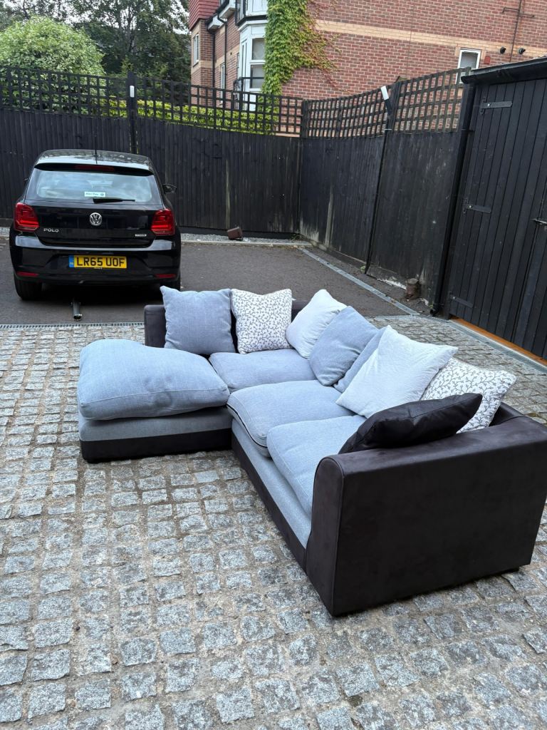 Comfy Grey and Brown Corner Sofa with Chaise – Good Condition