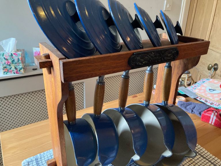 Le Creuset 5 pan vintage cast iron set with stand