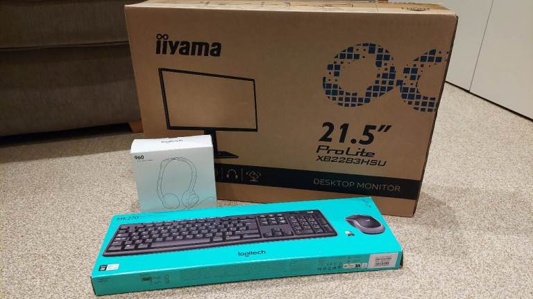 Computer monitor, headset, keyboard and mouse