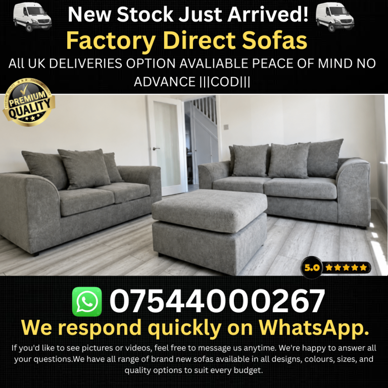 New Grey Fabric Sofas and Ottoman – Factory Direct