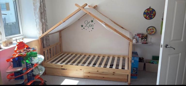 Kids Wooden House Bed Frame with Storage Drawers – Good Condition
