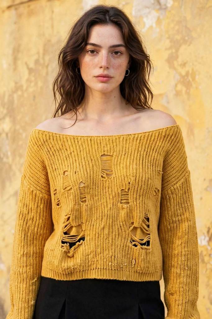 Mustard Yellow Off The Shoulder Jumper - Distressed Ripped Knit Sweater