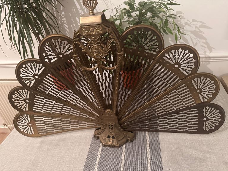 Vintage Antique Brass Peacock Fireplace Screen Fan Folding Queen