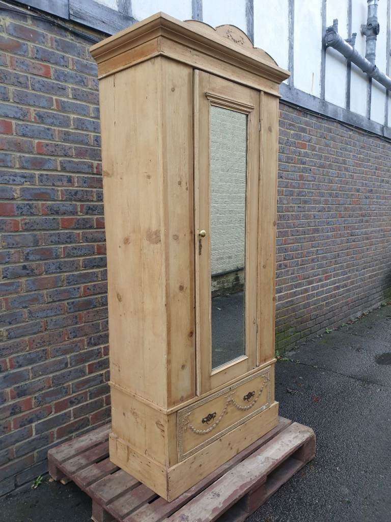 Antique Pine Single Door Wardrobe With Mirror And Drawer (No2)
