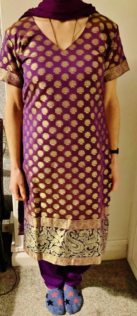 Indian Punjabi Dress, Purple, Silk Lined with Crepe, with Baggy Trousers & Scarf