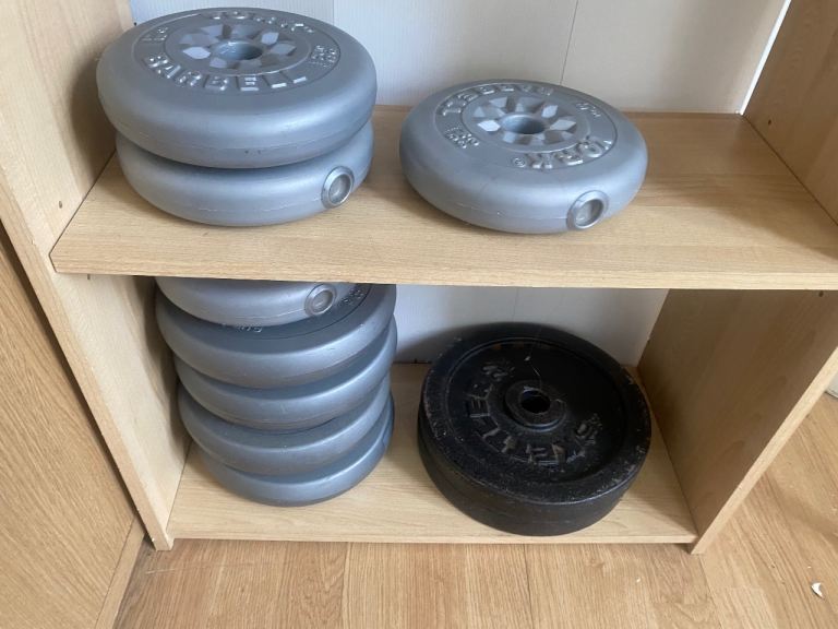 York Fitness weight bench, barbells, dumbbells weight