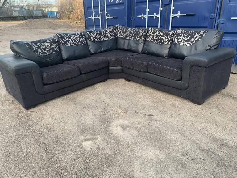 Black Leather & Fabric Corner Sofa