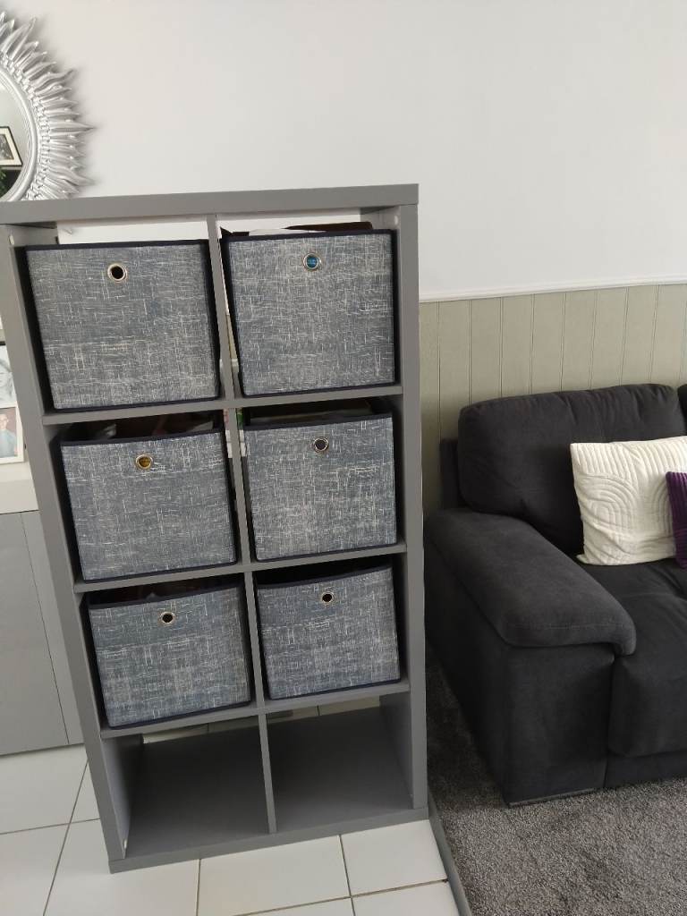 Grey Storage Unit with 6 Fabric Boxes – Good Condition