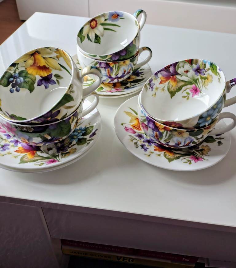 Decorative Set of Six Cups and Saucers