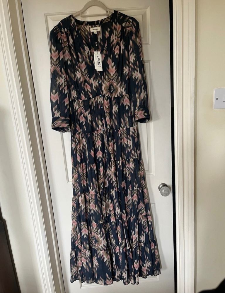 L'Agence Seraphina Tiered Maxi Dress - Charcoal Ganado, Size L, NEW with Tags