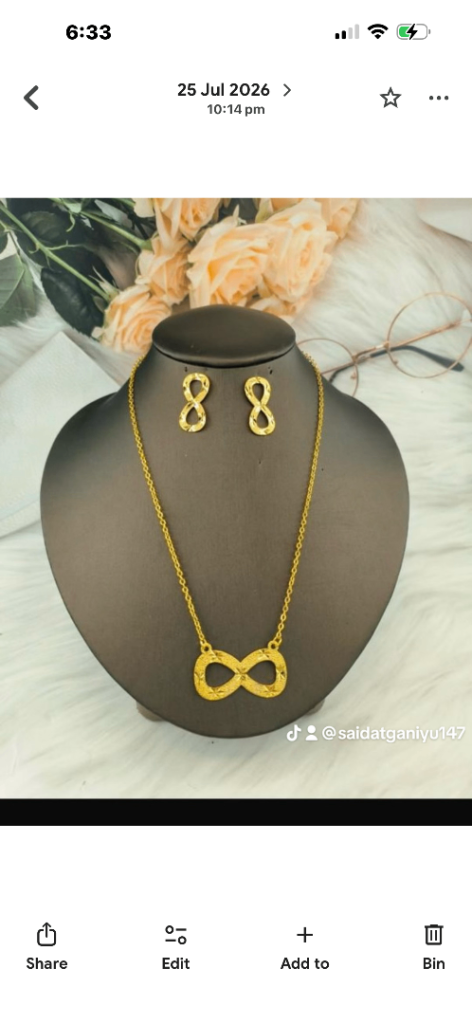 Gold Infinity Necklace and Earrings Set – Good Condition