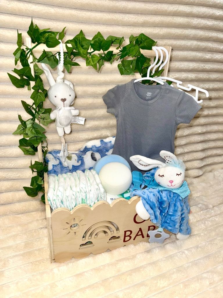 Baby boy gift, newborn hamper/crate. Baby shower gift