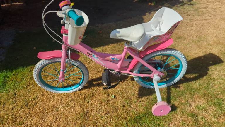 Kids Minnie Mouse Bicycle with Doll Seat and Stabilisers