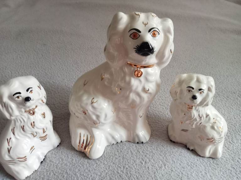 Set of 3 Vintage Ceramic Dog Figurines – White with Gold Trim