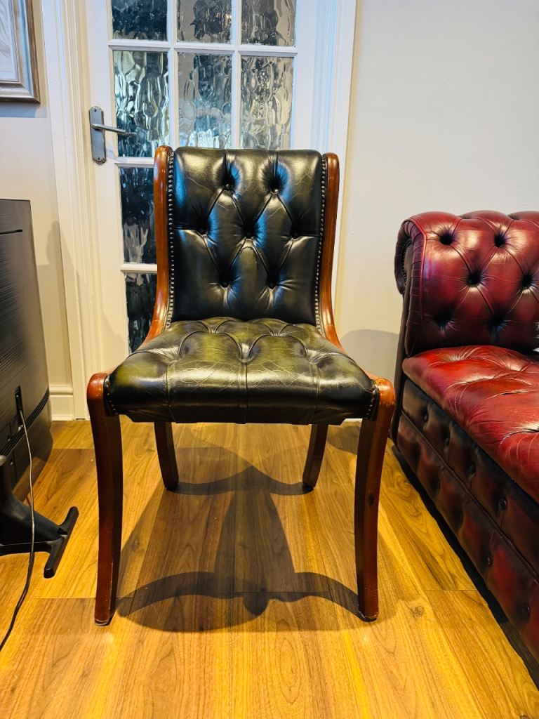 Bevan Chesterfield Armchair – Green Leather, Really Good Nick