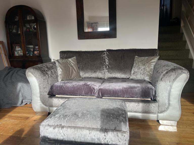 DFS SOFA BED - SILVER CRUSHED VELVET EFFECT