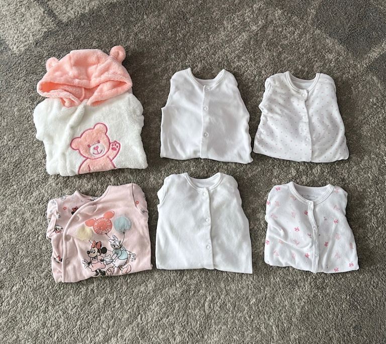 Baby Sleepsuits and Bodysuits Bundle – Pink and White, Good Condition