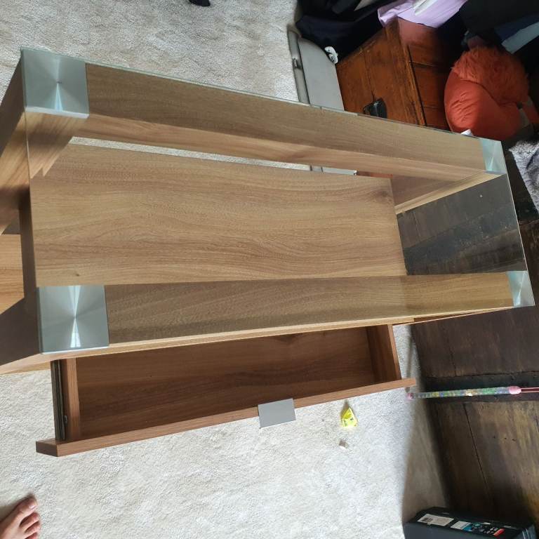 Oak Effect Side Table with Glass Top and Drawer
