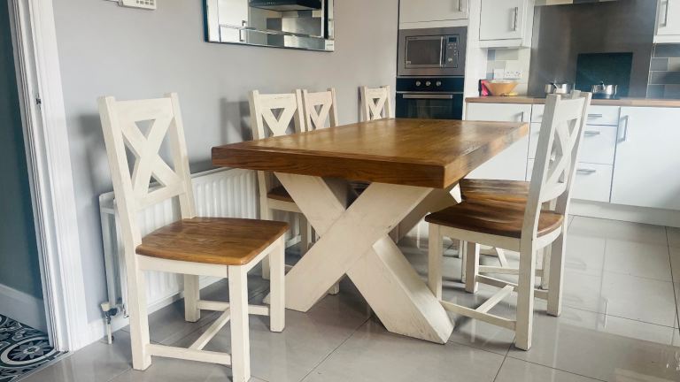 Solid oak and cream dining table and 6 chairs 