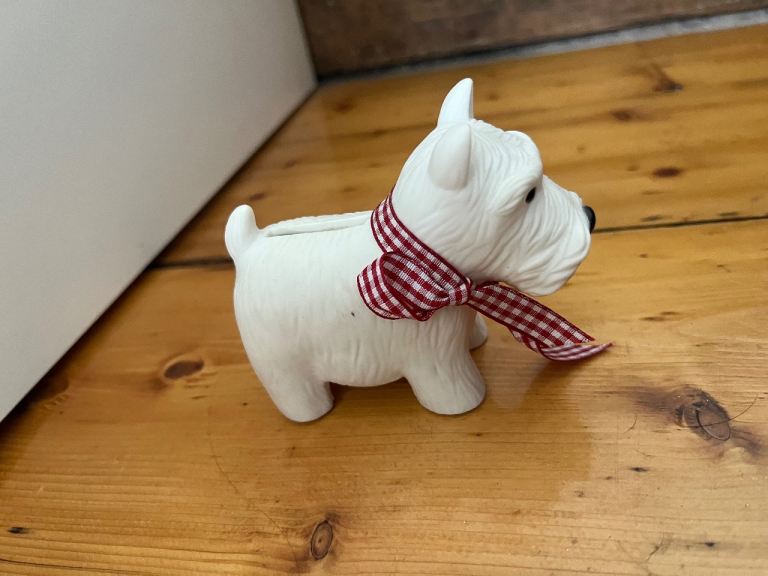 Cute White Westie Dog Piggy Bank with Ribbon