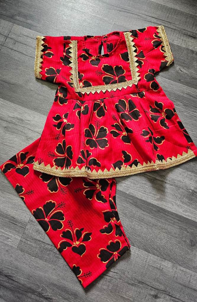 0-3 baby girl pakistani/asian black and red printed hand stitched frock dress with lace design