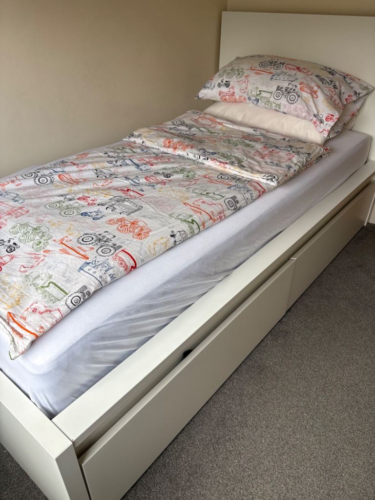 White Single Bed Frame with Storage Drawers