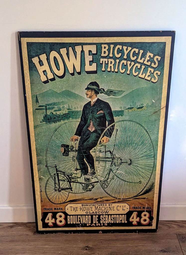 Howe bicycles and tricycles very large print mounted on timber