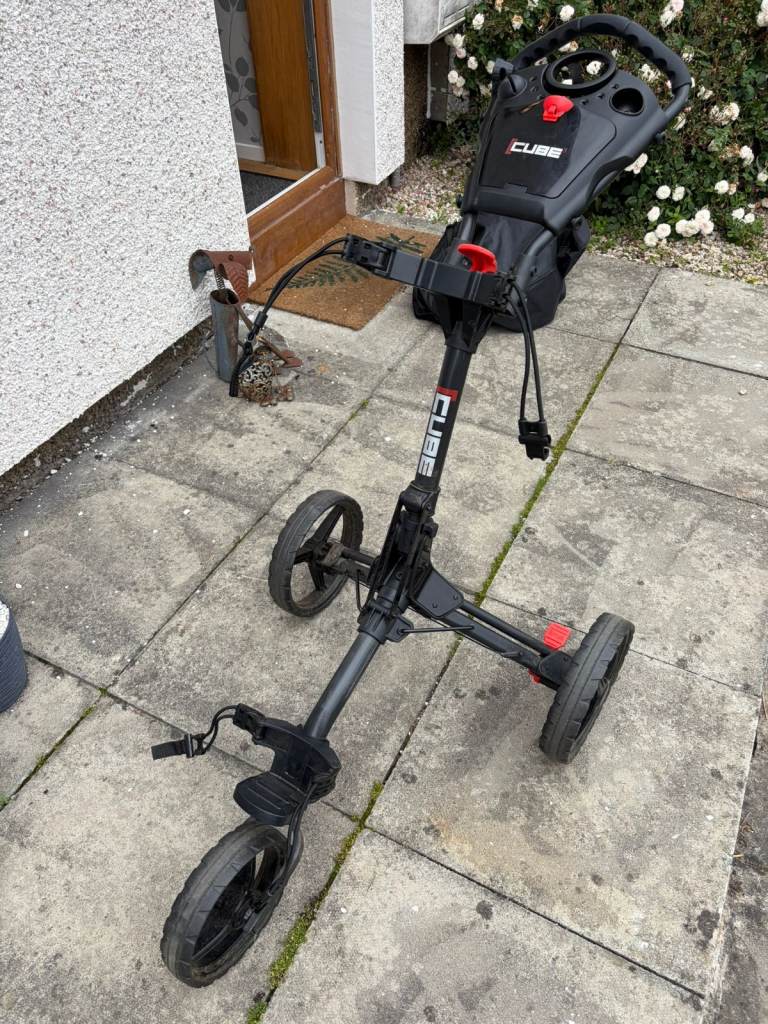 CUBE 3 WHEEL COMPACT PUSH GOLF TROLLEY CART + UMBRELLA HOLDER