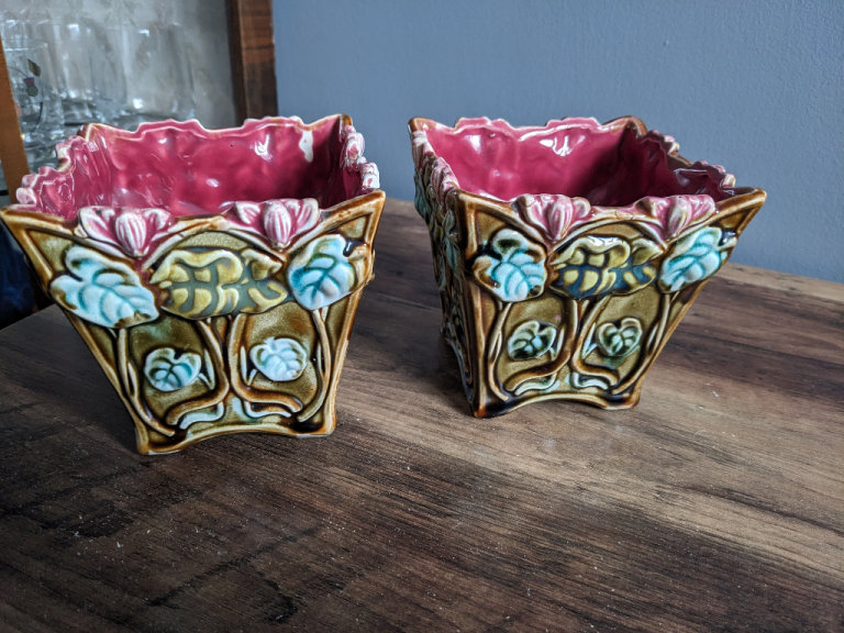 Pair of Antique Art Nouveau French Barbotine cache-pots