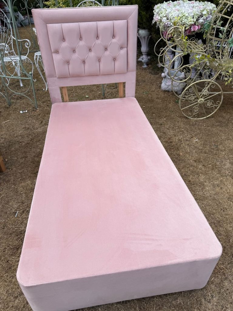 Plush Pink Velvet Single Divan Bed & Button Back Padded Headboard 